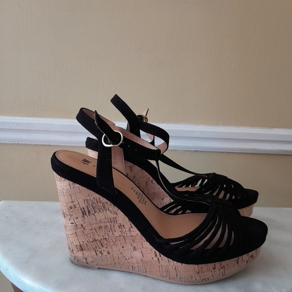 H&M Black  Open Toe Wedge Cork Heel Strappy Sandals Size 9.5 - Picture 2 of 8